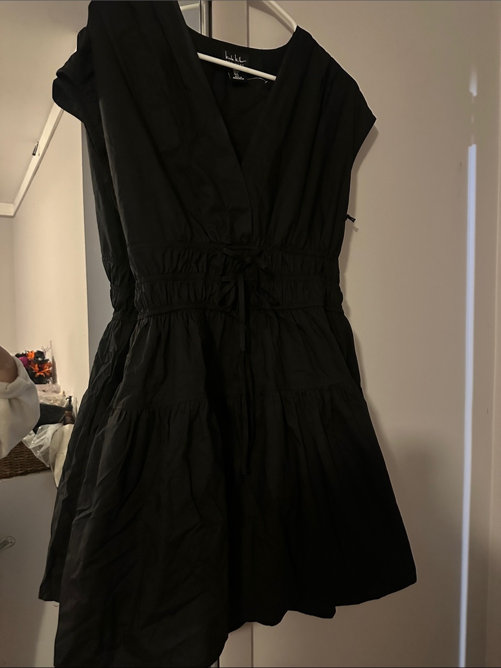 Nicole Miller Black Tiered V-Neck Drawstring Dress